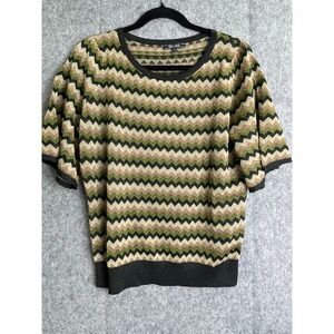 King Louie Chevron Knit Top Sparkle Retro Mod Zigzag Green Brown Short Sleeve L